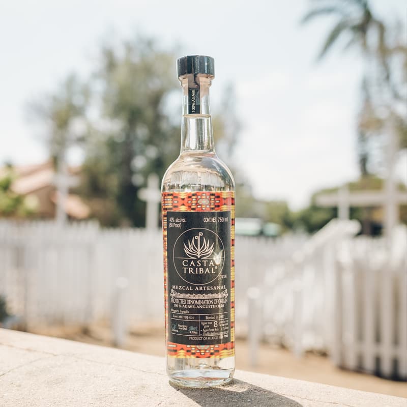 A mezcal flight from Tahona's selection, with agave plants behind